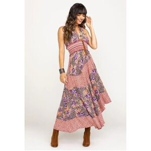 Free People Gabriela Sz S - Red Boho Patchwork Printed Halter Slip Midi Dress
